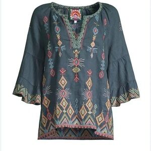 Johnny Was Cerise Blue Embroidered Linen Peasant Blouse Top